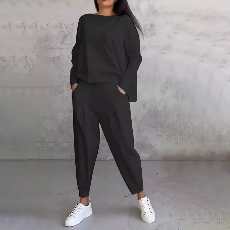 💖【Top + Kalhoty】 Módní dvoudílná souprava, jednobarevné ležérní a trendy dámské oblečení, příjemná látka z čisté bavlny