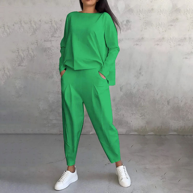 💖【Top + Kalhoty】 Módní dvoudílná souprava, jednobarevné ležérní a trendy dámské oblečení, příjemná látka z čisté bavlny