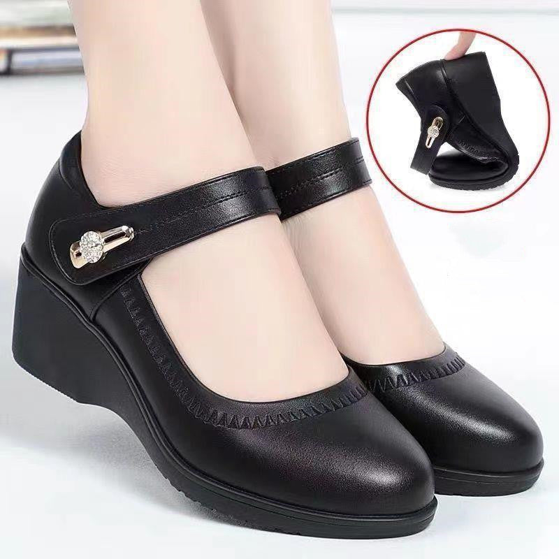【35-41】Piele moale talpă moale toc pană anti-alunecare pantofi din piele pentru mamă-R