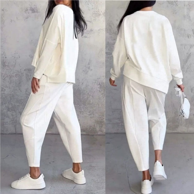 💖【Top + Kalhoty】 Módní dvoudílná souprava, jednobarevné ležérní a trendy dámské oblečení, příjemná látka z čisté bavlny