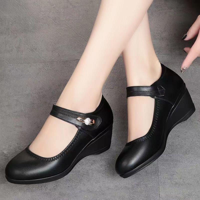 【35-41】Piele moale talpă moale toc pană anti-alunecare pantofi din piele pentru mamă-R