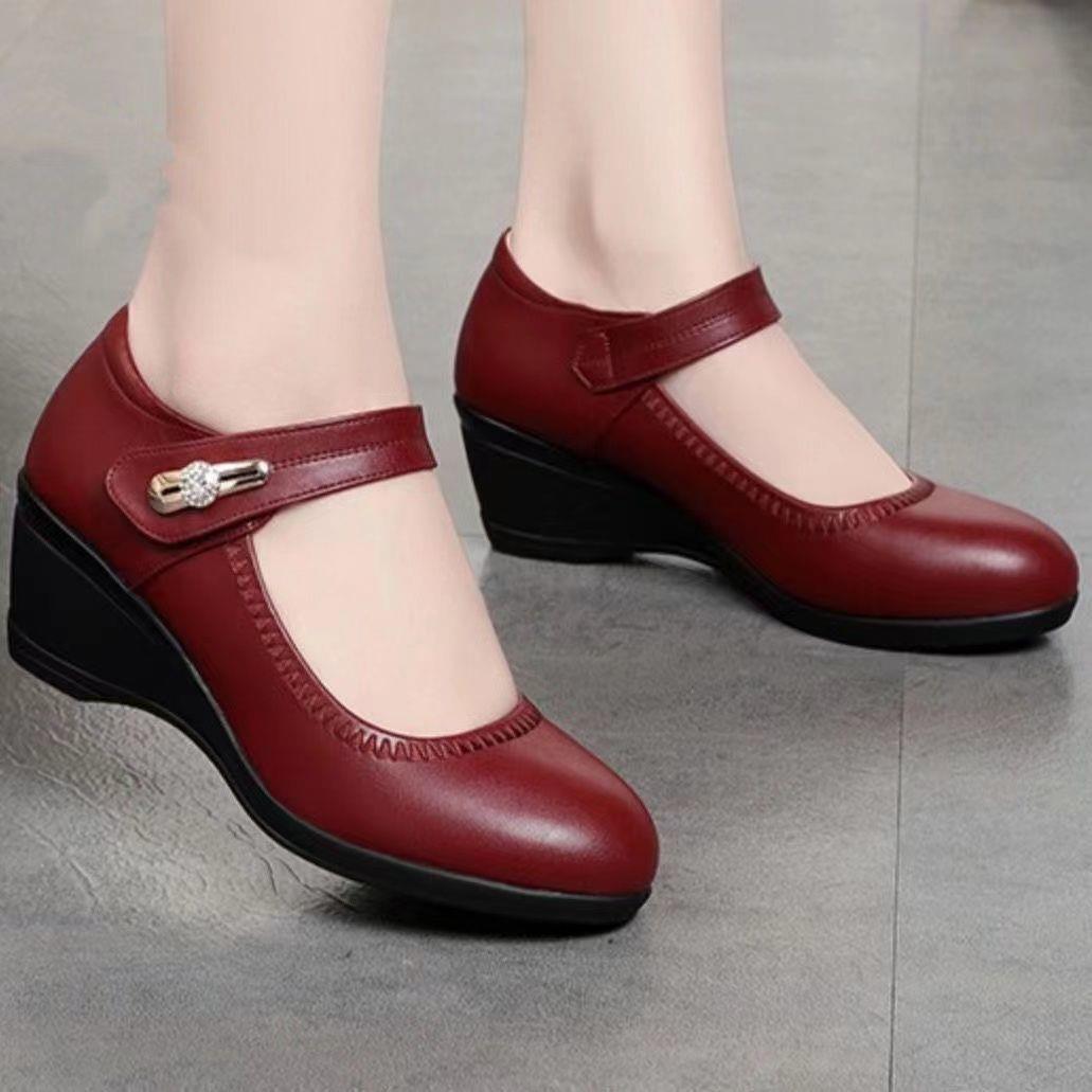 【35-41】Piele moale talpă moale toc pană anti-alunecare pantofi din piele pentru mamă-R