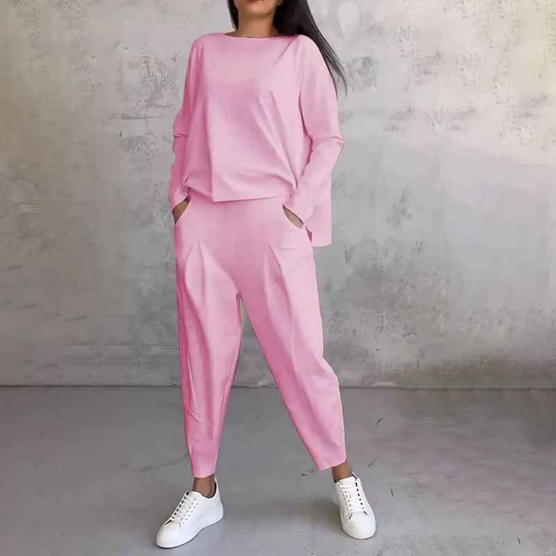 💖【Top + Kalhoty】 Módní dvoudílná souprava, jednobarevné ležérní a trendy dámské oblečení, příjemná látka z čisté bavlny