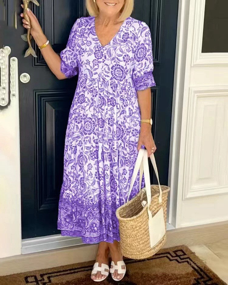 🔥【S-3XL】💃2025 nowa elegancka długa sukienka w kwiaty z dekoltem w szpic