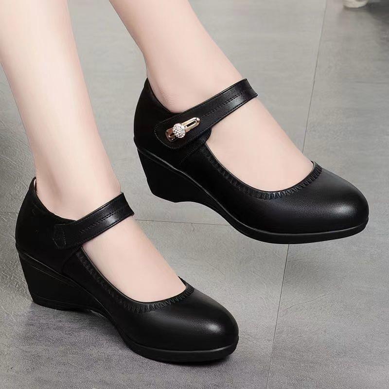 【35-41】Piele moale talpă moale toc pană anti-alunecare pantofi din piele pentru mamă-R