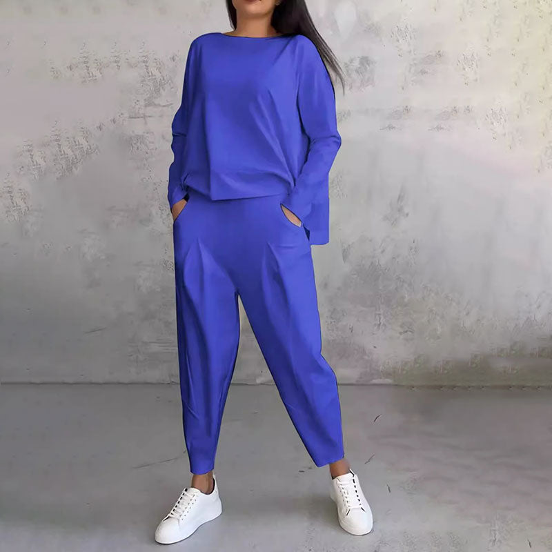 💖【Top + Kalhoty】 Módní dvoudílná souprava, jednobarevné ležérní a trendy dámské oblečení, příjemná látka z čisté bavlny