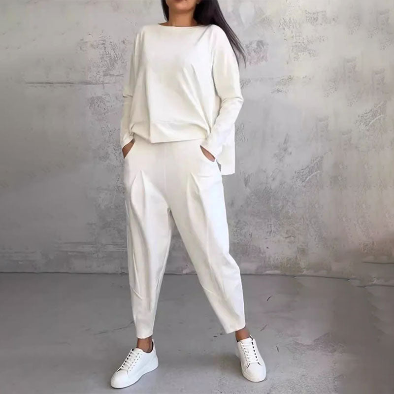 💖【Top + Kalhoty】 Módní dvoudílná souprava, jednobarevné ležérní a trendy dámské oblečení, příjemná látka z čisté bavlny