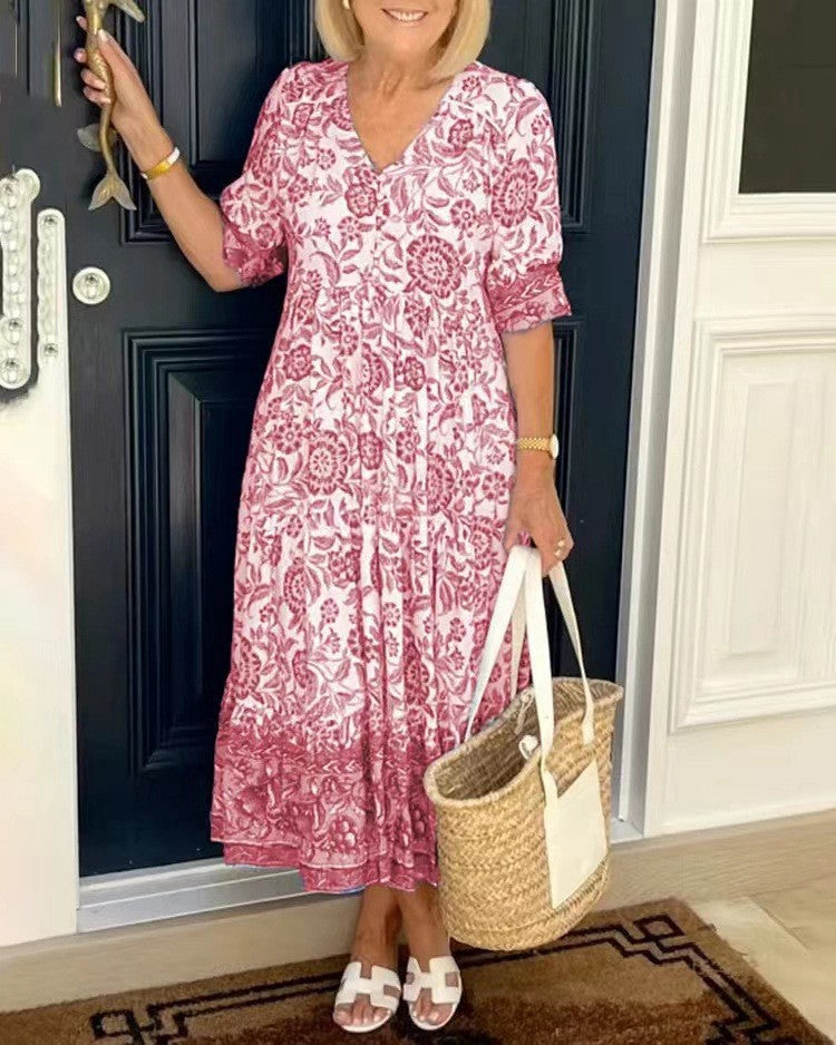 🔥【S-3XL】💃2025 nowa elegancka długa sukienka w kwiaty z dekoltem w szpic