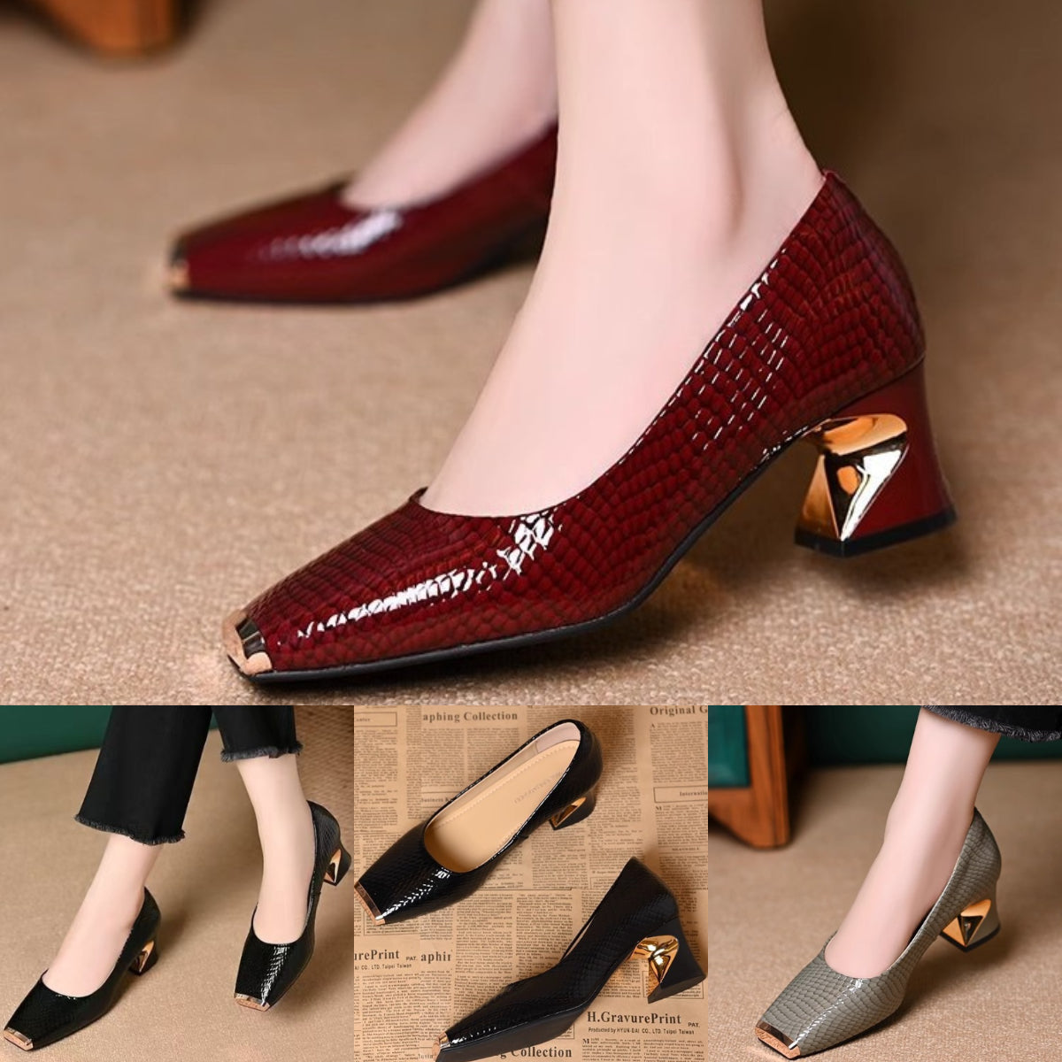 【35-42】Pantofi francezi noi cu toc gros și textură, cu deschidere superficială