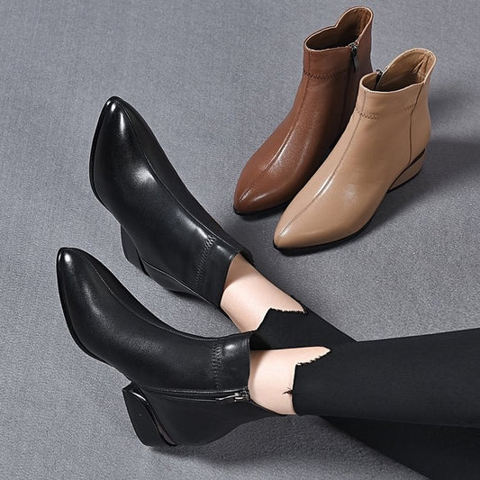 🔥Último día 50% de descuento - Botines de piel con tacón medio y cremallera lateral-E