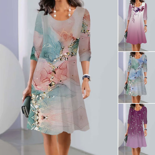 【Wiosna 2025】Sukienka midi z krótkim rękawem, motyw jesienny, dekolt okrągły, rozmiary EU S-3XL