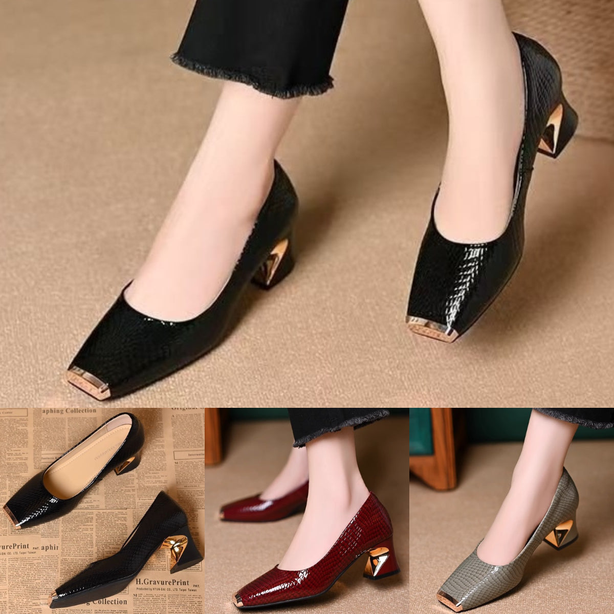 【35-42】Nowe francuskie buty z grubymi obcasami i fakturą, płytkie otwarcie