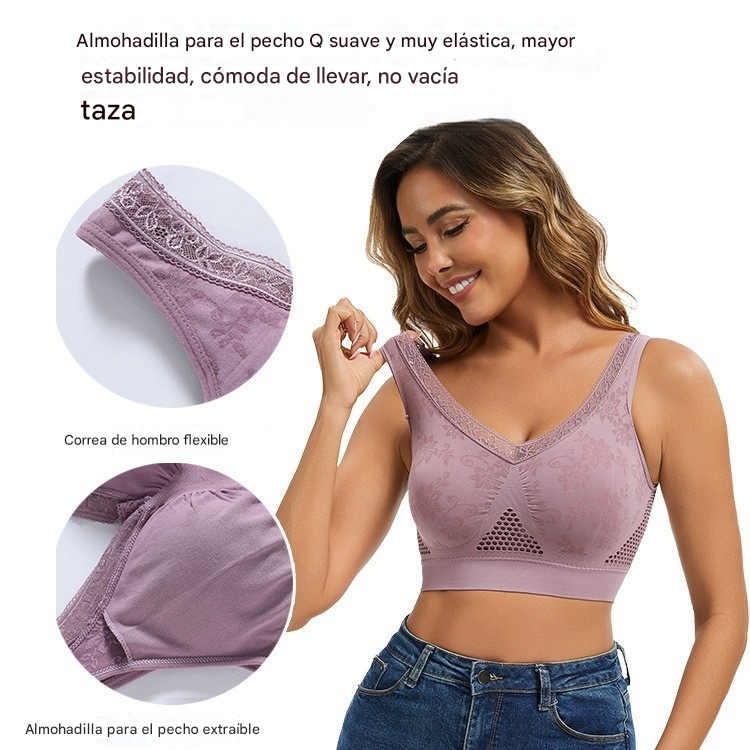 😍❤️40-120 kg【Paquete de 3】✨Sujetador de encaje sin aros para mujer, alta sujeción-E
