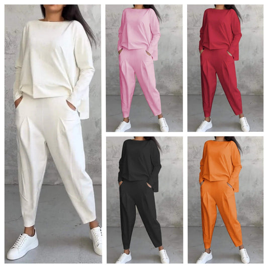 💖【Top + Kalhoty】 Módní dvoudílná souprava, jednobarevné ležérní a trendy dámské oblečení, příjemná látka z čisté bavlny