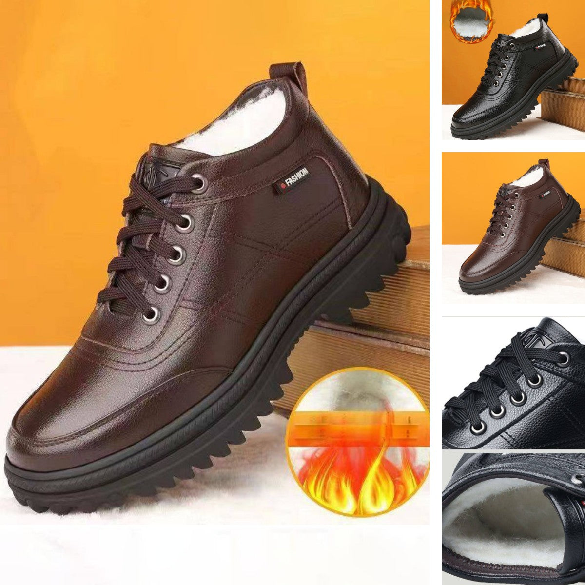 👞【39-44】 Zapatos de cuero de suela gruesa, cálidos y esponjosos, engrosados de invierno para hombres-E