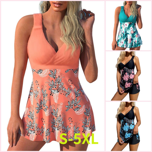 🌴🏖️🌈【S-5XL】😍 Damski zestaw kąpielowy z dużym kwiatowym nadrukiem, szorty, spódniczka do pływania z odkrytymi plecami, materiał szybkoschnący 4219392
