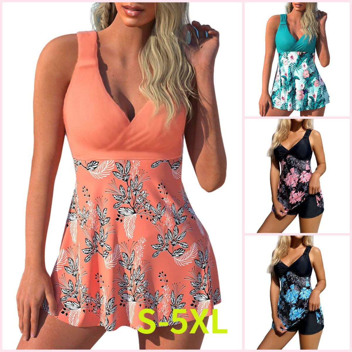 🌴🏖️🌈【50% de descuento 🔥】 Conjunto de baño para mujer plus size con estampado, espalda descubierta y secado rápido-E