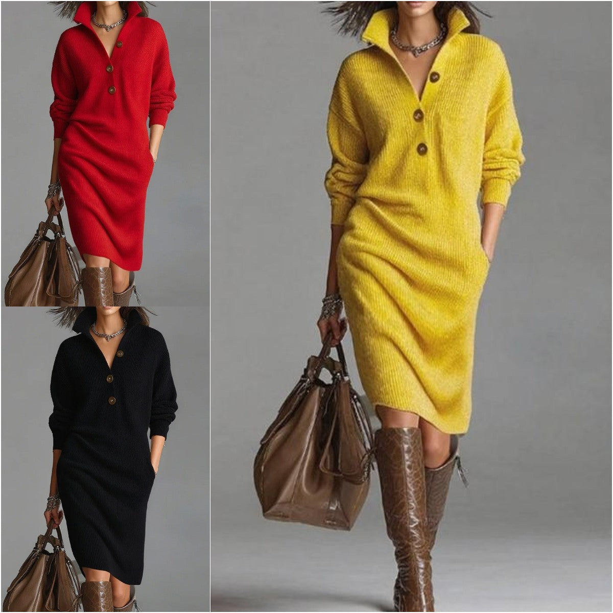 🔥【S-3XL】2025 Nové evropské a americké pletené šaty s límečkem v novém stylu - 4161414