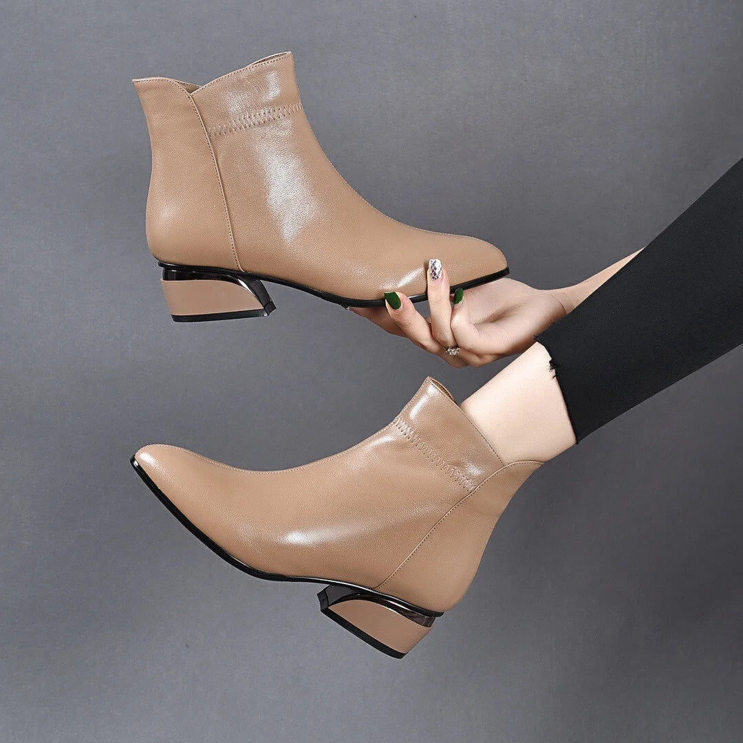 🔥Último día 50% de descuento - Botines de piel con tacón medio y cremallera lateral-E