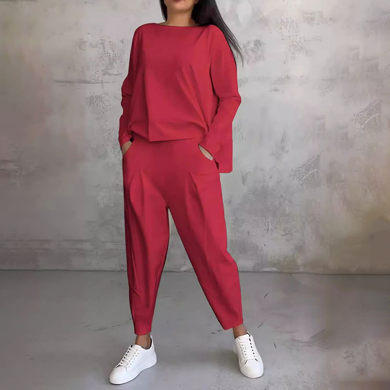 💖[Top + Kalhoty] Módní dvoudílná souprava, jednobarevné ležérní a trendy dámské oblečení, příjemná látka z čisté bavlny-Z
