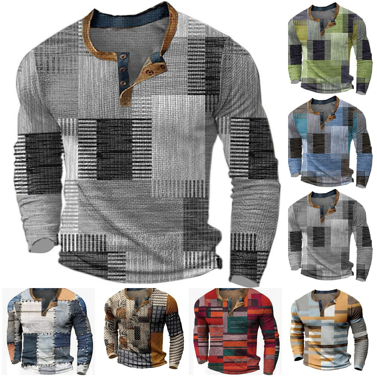 🌴🌈【S-4XL】👔😍 Nová kolekce pánských košil s potiskem, dlouhé rukávy, uvolněný styl Henry, dostupné ve více barvách-Z