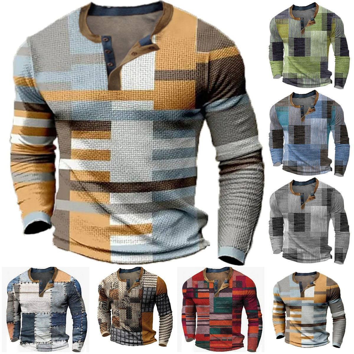 🌴🌈【S-4XL】👔😍 Nová kolekce pánských košil s potiskem, dlouhé rukávy, uvolněný styl Henry, dostupné ve více barvách-Z
