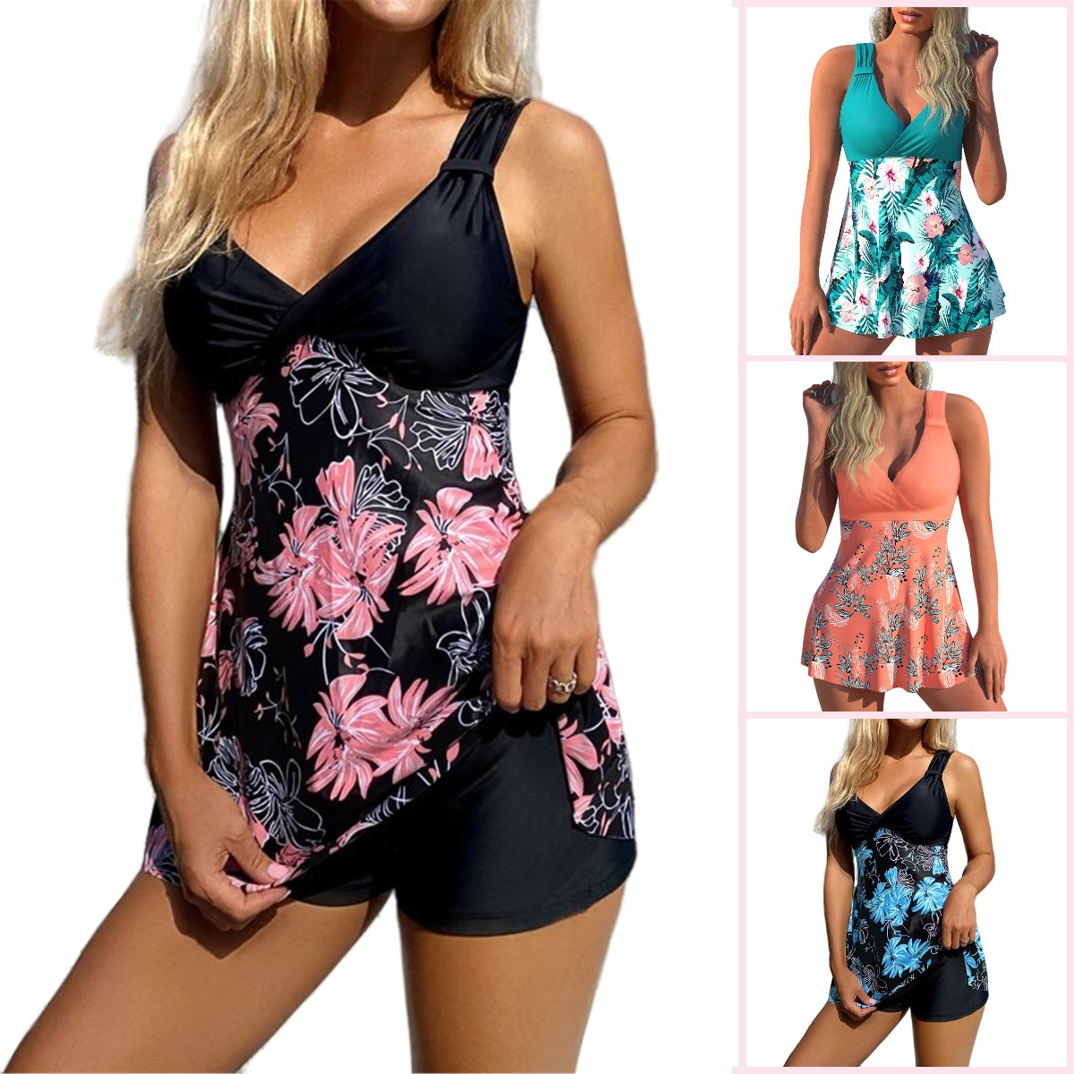 🌴🏖️🌈【S-5XL】😍 Dámska plavková súprava, veľká kvetinová potlač, šortky, plavecká sukňa s odhaleným chrbtom, rýchloschnúci materiál-K