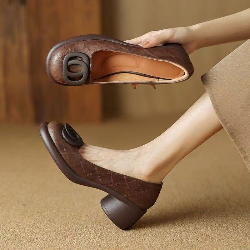 👠【35-40】2025 nowe 5CM uniwersalne modne miękkie podeszwy retro grube obcasy okrągłe palce skórzane buty