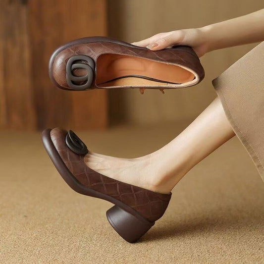 👠【35-40】2025 nowe 5CM uniwersalne modne miękkie podeszwy retro grube obcasy okrągłe palce skórzane buty