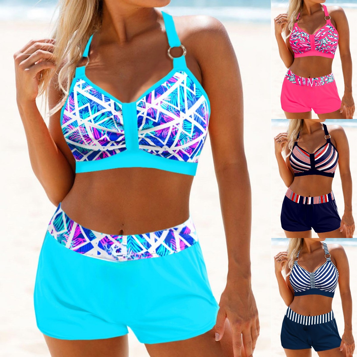 🌈【Bestseller 🏆】Nový model plus size bikiny, dvoudílné plavky s barevnými pruhy a potisky-Z