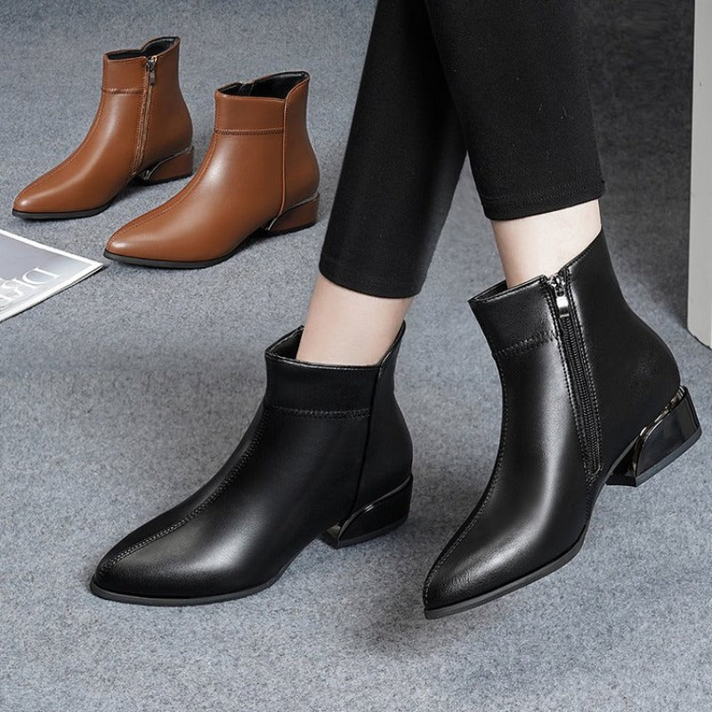🔥Último día 50% de descuento - Botines de piel con tacón medio y cremallera lateral-E