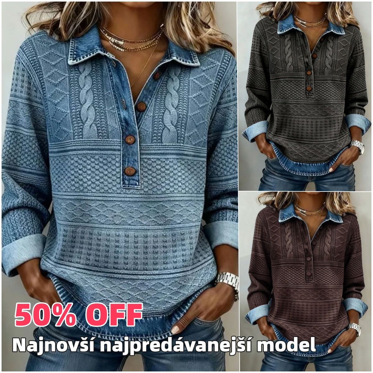 🎁【50% sleva】【S-5XL】 Stylový retro džínový top se stojatým límcem, pohodlný na nošení-Z