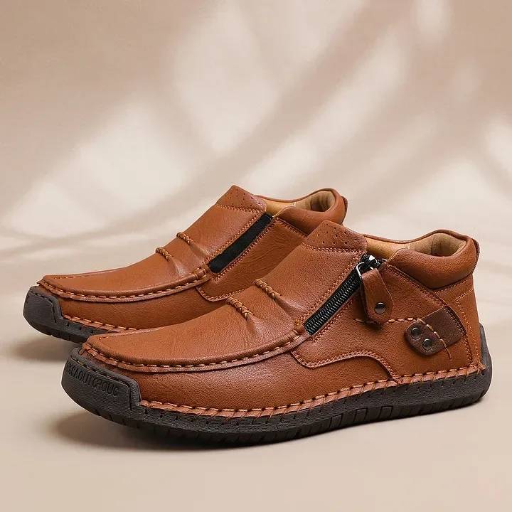 Botas de conducción antideslizantes de cuero premium para hombre, hechas a mano, con punta ancha y soporte para el arco.-E